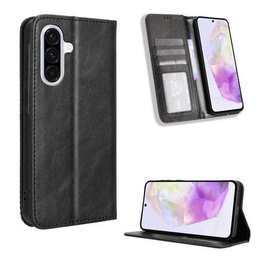 Samsung Galaxy A56 5G Magnetic Buckle Retro Texture Leather Phone Case - Black