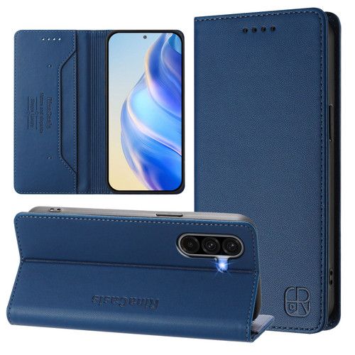 Samsung Galaxy A56 5G RC01 Dual-Folded Magnetic Suction RFID Leather Phone Case - Dark Blue
