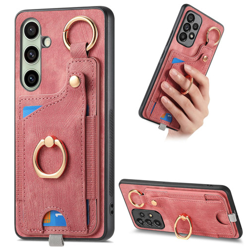 Samsung Galaxy A56 5G Retro Skin-feel Ring Card Bag Phone Case with Hang Loop - Pink