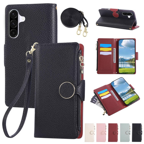 Samsung Galaxy A56 5G Round Buckle Zipper Wallet Leather Phone Case with Crossbody Strap - Black Samsung Galaxy A56 5G Round Buckle Zipper Wallet Leather Phone Case with Crossbody Strap - Black