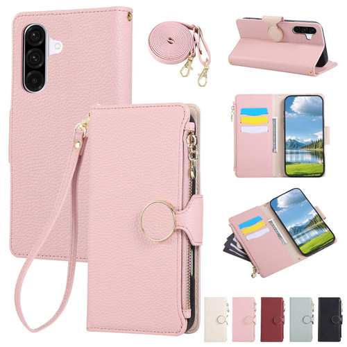 Samsung Galaxy A56 5G Round Buckle Zipper Wallet Leather Phone Case with Crossbody Strap - Pink