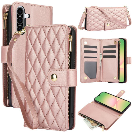 Samsung Galaxy A56 5G YM016 Rhombic Zipper Card Wallet Leather Phone Case with Lanyard - Rose Gold Samsung Galaxy A56 5G YM016 Rhombic Zipper Card Wallet Leather Phone Case with Lanyard - Rose Gold
