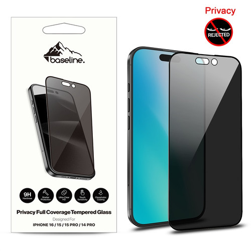 Baseline Privacy Full Coverage Tempered Glass Screen Protector for Apple iPhone 16 / 15 / 15 Pro / 14 Pro - Black Baseline Privacy Full Coverage Tempered Glass Screen Protector for Apple iPhone 16 / 15 / 15 Pro / 14 Pro - Black