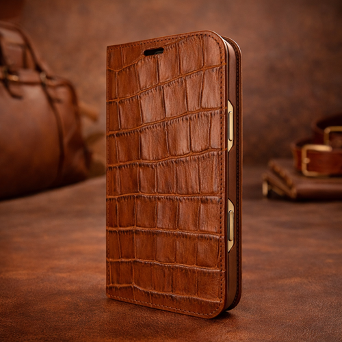 Piel Frama 542 Brown Crocodile Folio Style Magnetic Leather Case for iPhone 17 Pro Max