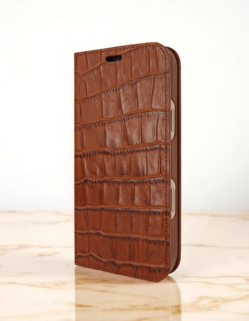 Piel Frama 537 Brown Crocodile Folio Style Magnetic Leather Case for iPhone 17 Pro