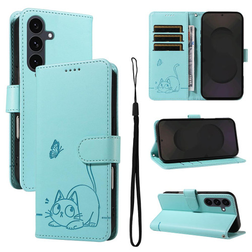 Samsung Galaxy S25 FE 5G Adorable Cat Embossed Pattern Flip Leather Phone Case - Green