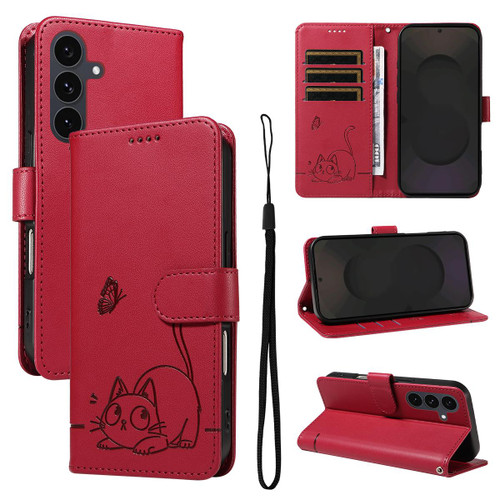 Samsung Galaxy S25 FE 5G Adorable Cat Embossed Pattern Flip Leather Phone Case - Red