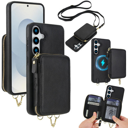 Samsung Galaxy S25 FE 5G AwQuer 2 in 1 Crossbody Zipper Wallet Leather Back Phone Case - Black