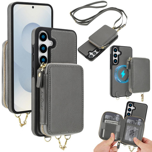 Samsung Galaxy S25 FE 5G AwQuer 2 in 1 Crossbody Zipper Wallet Leather Back Phone Case - Grey