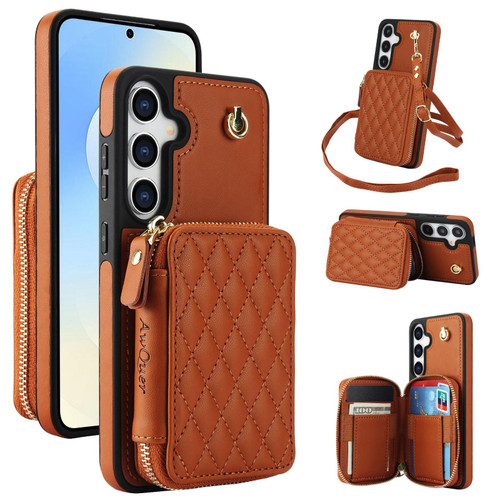 Samsung Galaxy S25 FE 5G AwQuer Crossbody Zipper Wallet Rhombic Leather Back Phone Case - Brown