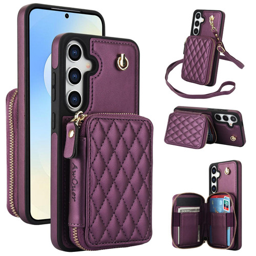 Samsung Galaxy S25 FE 5G AwQuer Crossbody Zipper Wallet Rhombic Leather Back Phone Case - Dark Purple