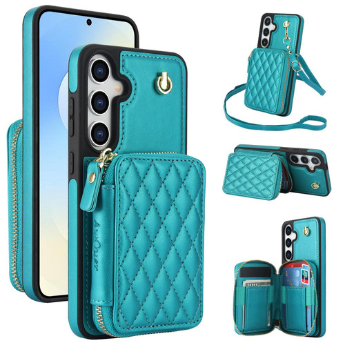 Samsung Galaxy S25 FE 5G AwQuer Crossbody Zipper Wallet Rhombic Leather Back Phone Case - Green