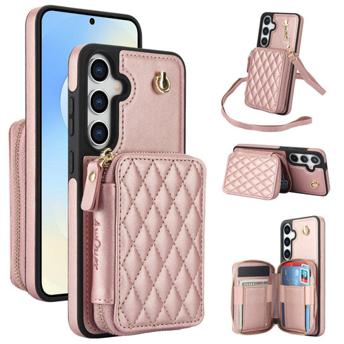 Samsung Galaxy S25 FE 5G AwQuer Crossbody Zipper Wallet Rhombic Leather Back Phone Case - Rose Gold