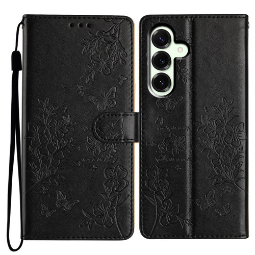 Samsung Galaxy S25 FE 5G Butterflies and Flowers Leather Phone Case - Black
