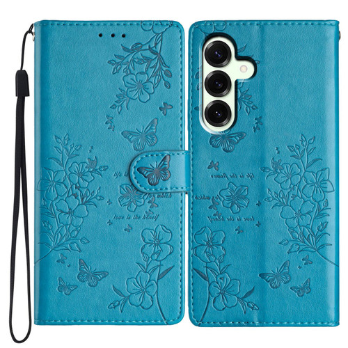 Samsung Galaxy S25 FE 5G Butterflies and Flowers Leather Phone Case - Blue