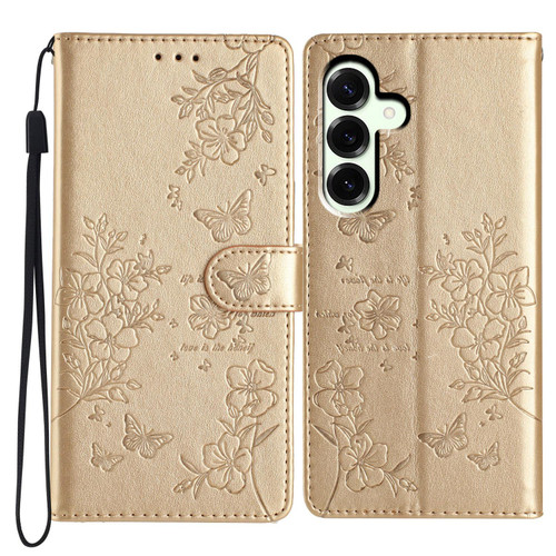 Samsung Galaxy S25 FE 5G Butterflies and Flowers Leather Phone Case - Gold