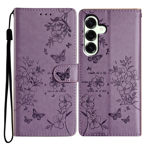 Samsung Galaxy S25 FE 5G Butterflies and Flowers Leather Phone Case - Purple