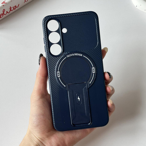 Samsung Galaxy S25 FE 5G Carbon Fiber Texture MagSafe Phone Case with Holder - Blue