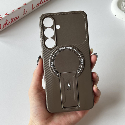 Samsung Galaxy S25 FE 5G Carbon Fiber Texture MagSafe Phone Case with Holder - Brown