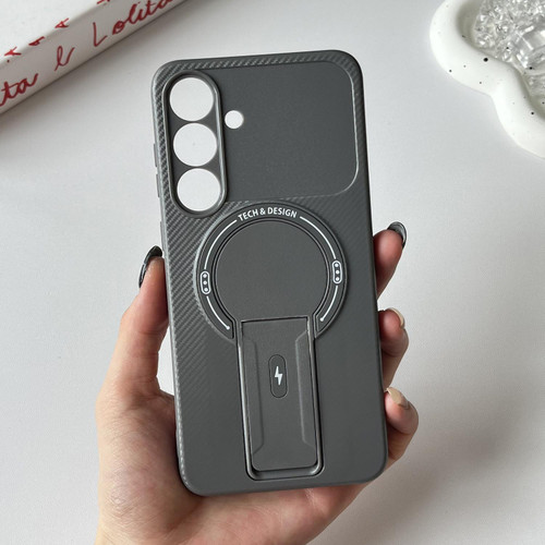 Samsung Galaxy S25 FE 5G Carbon Fiber Texture MagSafe Phone Case with Holder - Grey