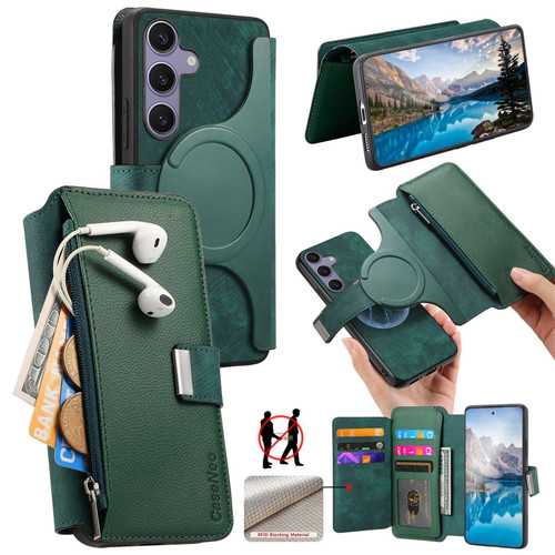 Samsung Galaxy S25 FE 5G CaseNeo MagSafe RFID Anti-theft Zipper Wallet Retro Leather Phone Case - Green
