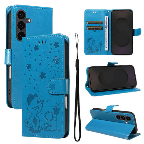 Samsung Galaxy S25 FE 5G Cat and Bee Embossed Flip Leather Phone Case - Blue