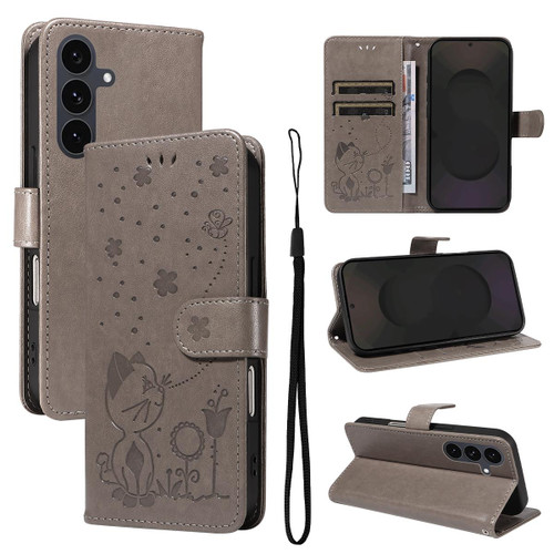Samsung Galaxy S25 FE 5G Cat and Bee Embossed Flip Leather Phone Case - Grey