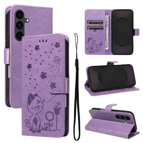 Samsung Galaxy S25 FE 5G Cat and Bee Embossed Flip Leather Phone Case - Purple