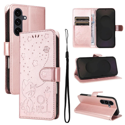 Samsung Galaxy S25 FE 5G Cat and Bee Embossed Flip Leather Phone Case - Rose Gold