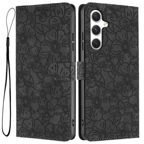 Samsung Galaxy S25 FE 5G Cherry Blossoms Embossed Leather Phone Case - Black
