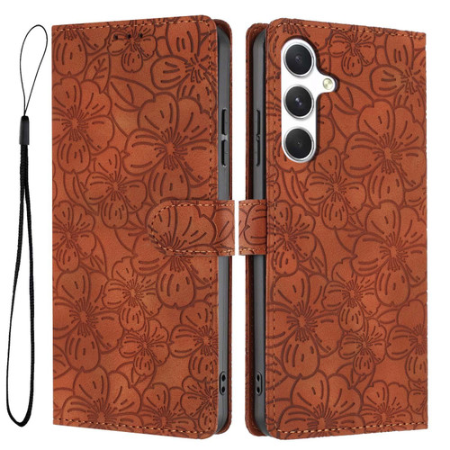 Samsung Galaxy S25 FE 5G Cherry Blossoms Embossed Leather Phone Case - Brown