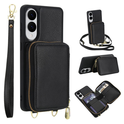 Samsung Galaxy S25 FE 5G Crossbody Zipper RFID Card Bag Phone Case - Black