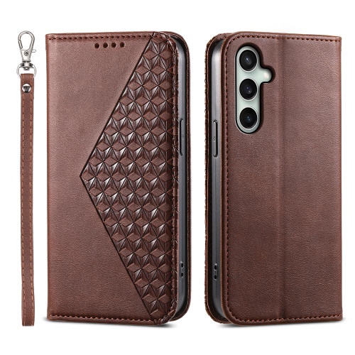 Samsung Galaxy S25 FE 5G Cubic Grid Calf Texture Magnetic Leather Phone Case - Brown