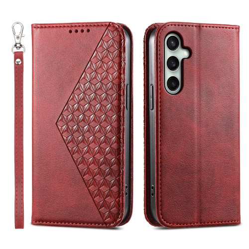 Samsung Galaxy S25 FE 5G Cubic Grid Calf Texture Magnetic Leather Phone Case - Red