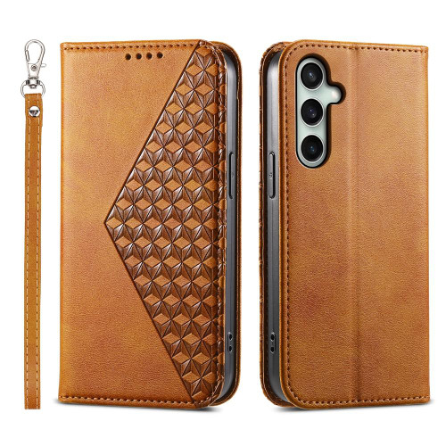 Samsung Galaxy S25 FE 5G Cubic Grid Calf Texture Magnetic Leather Phone Case - Yellow