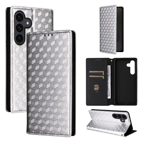 Samsung Galaxy S25 FE 5G Cubic Grid Texture Flip Leather Phone Case - Silver