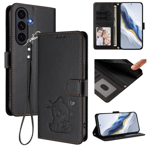 Samsung Galaxy S25 FE 5G Embossed Heart Cat Leather Phone Case with Hand Strap - Black