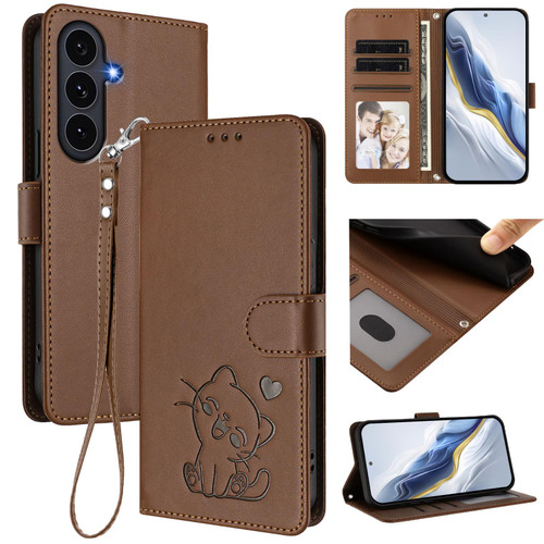 Samsung Galaxy S25 FE 5G Embossed Heart Cat Leather Phone Case with Hand Strap - Brown
