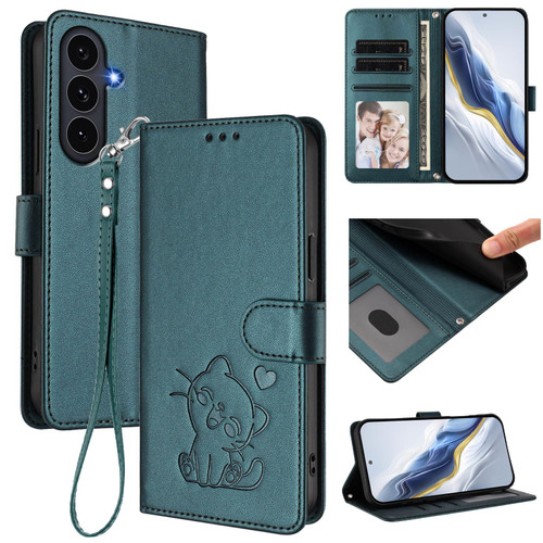 Samsung Galaxy S25 FE 5G Embossed Heart Cat Leather Phone Case with Hand Strap - Dark Green