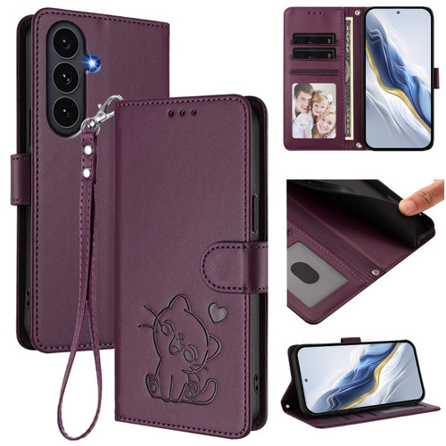 Samsung Galaxy S25 FE 5G Embossed Heart Cat Leather Phone Case with Hand Strap - Dark Purple