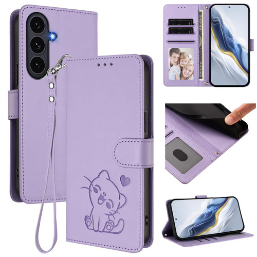 Samsung Galaxy S25 FE 5G Embossed Heart Cat Leather Phone Case with Hand Strap - Light Purple