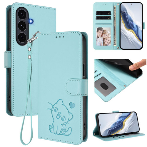 Samsung Galaxy S25 FE 5G Embossed Heart Cat Leather Phone Case with Hand Strap - Mint Green