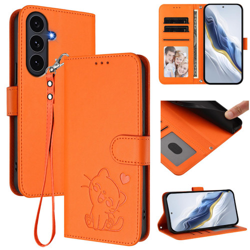 Samsung Galaxy S25 FE 5G Embossed Heart Cat Leather Phone Case with Hand Strap - Orange