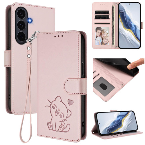 Samsung Galaxy S25 FE 5G Embossed Heart Cat Leather Phone Case with Hand Strap - Pink