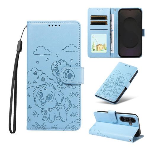Samsung Galaxy S25 FE 5G Embossed Heart Dog RFID Blocking Wallet Leather Phone Case - Sky Blue