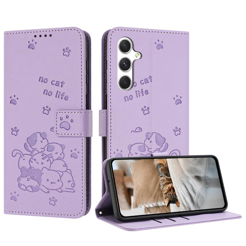 Samsung Galaxy S25 FE 5G Embossed Kitten Phone Leather Case with Lanyard - Purple