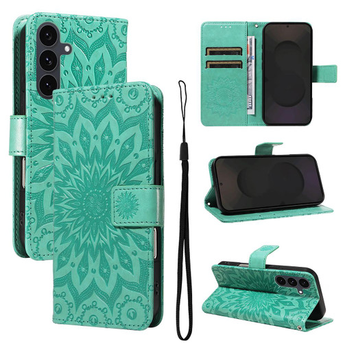 Samsung Galaxy S25 FE 5G Embossed Sunflower Pattern Flip Leather Phone Case - Green