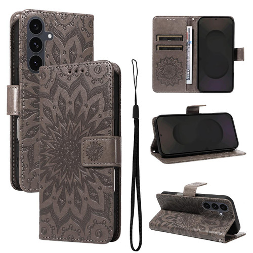 Samsung Galaxy S25 FE 5G Embossed Sunflower Pattern Flip Leather Phone Case - Grey