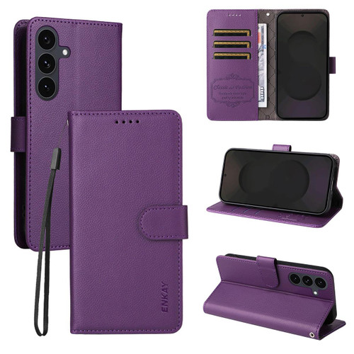 Samsung Galaxy S25 FE 5G ENKAY RFID Blocking Wallet Kickstand Litchi Texture Leather Phone Case - Purple