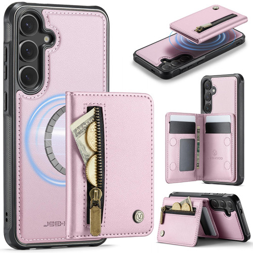 Samsung Galaxy S25 FE 5G JEEHOOD J12 Exquisite RFID MagSafe Zipper Card Bag Phone Case - Pink